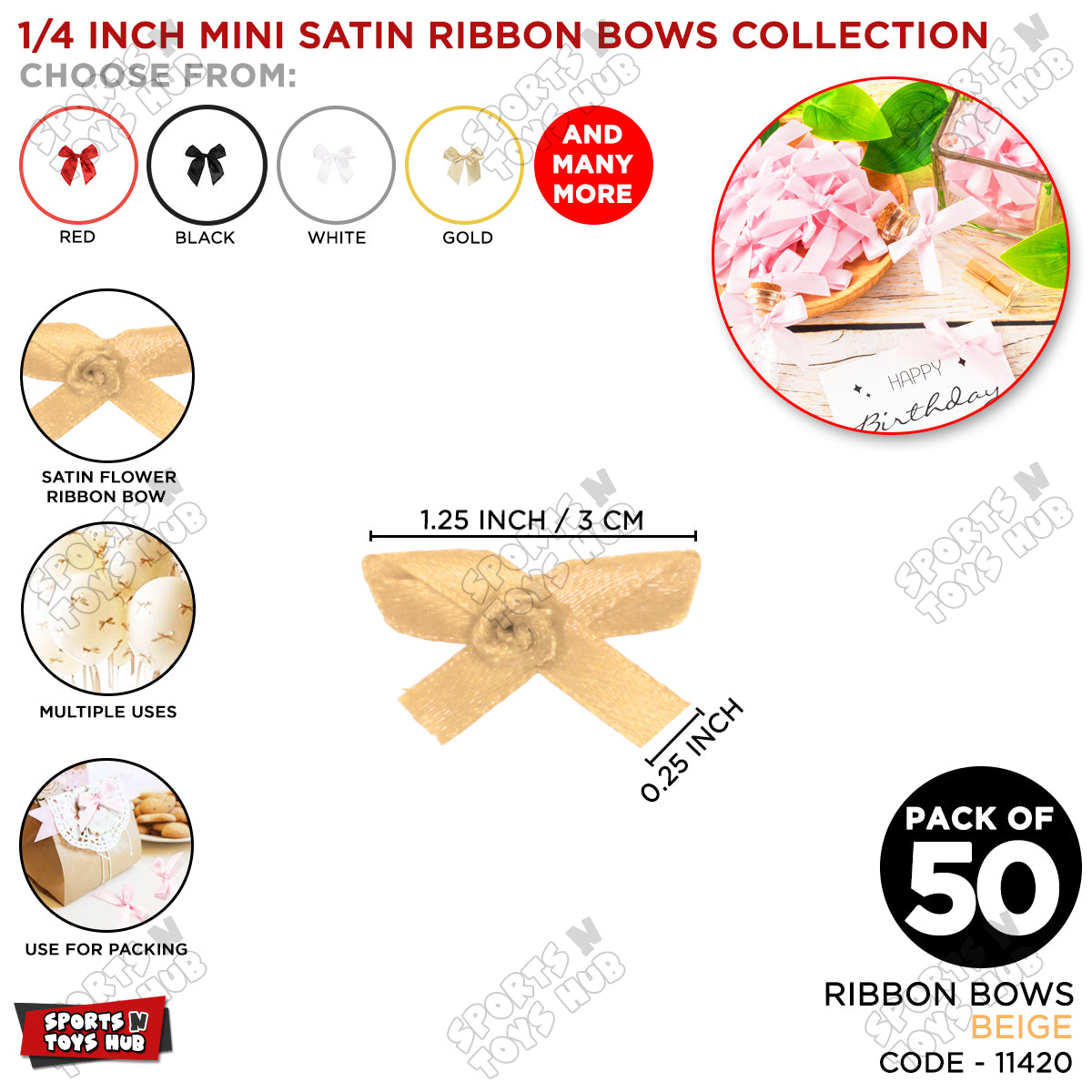 1/4-Inch Satin Ribbon Bows – For Gift Wrapping & Decor - Pack of 50