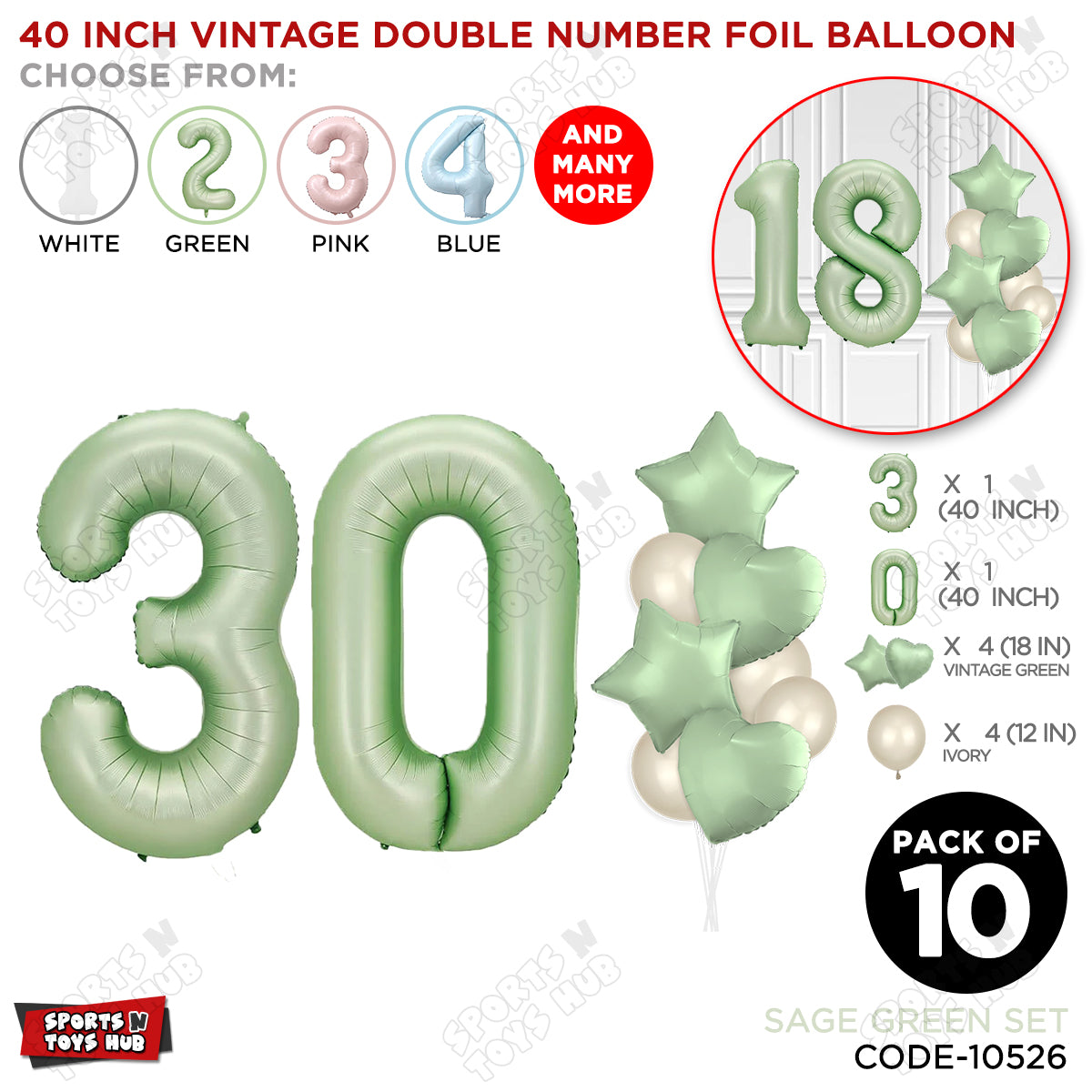 Sage Green Color 40 Inch Number Foil Balloon Set