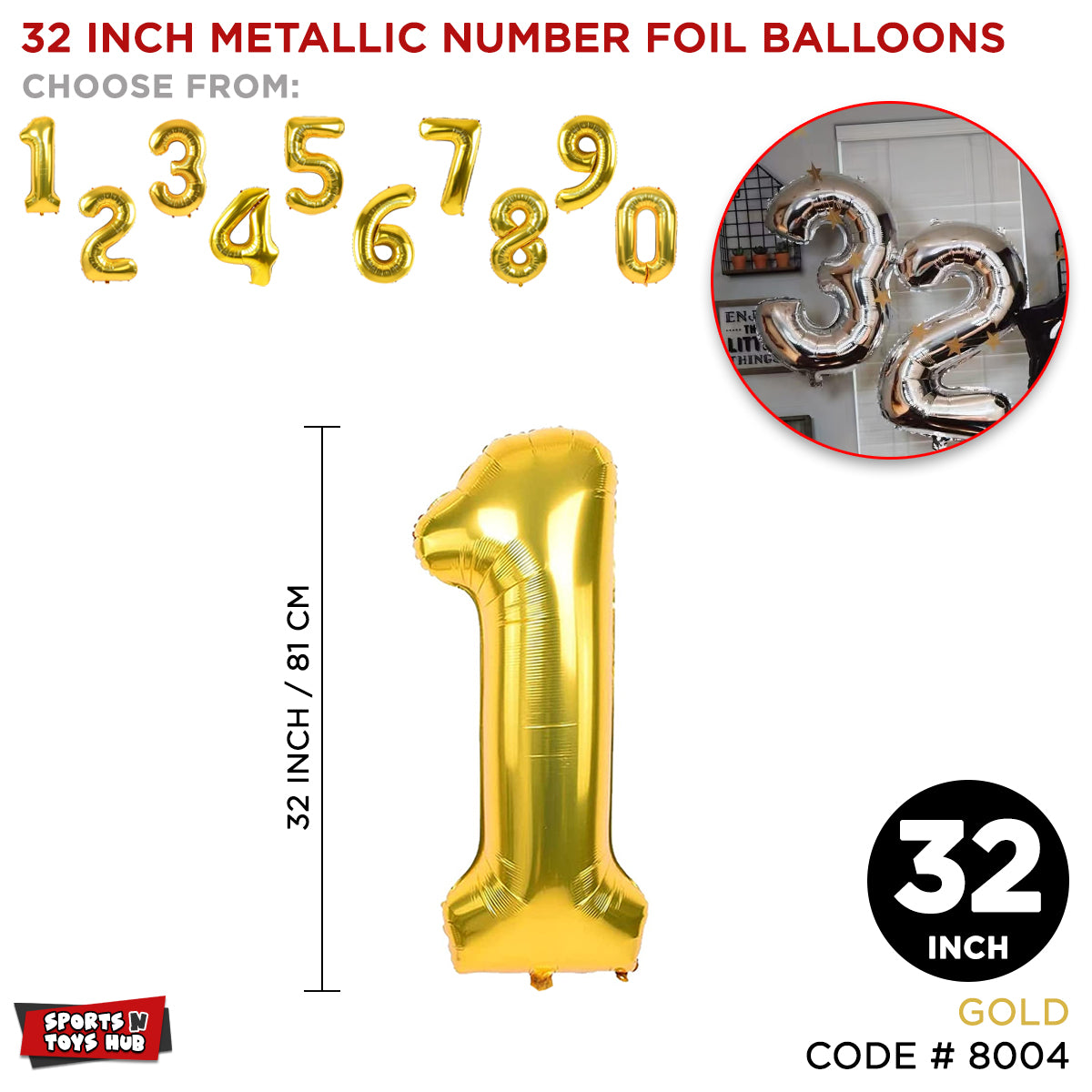 32 Inch Gold Number Foil Balloon
