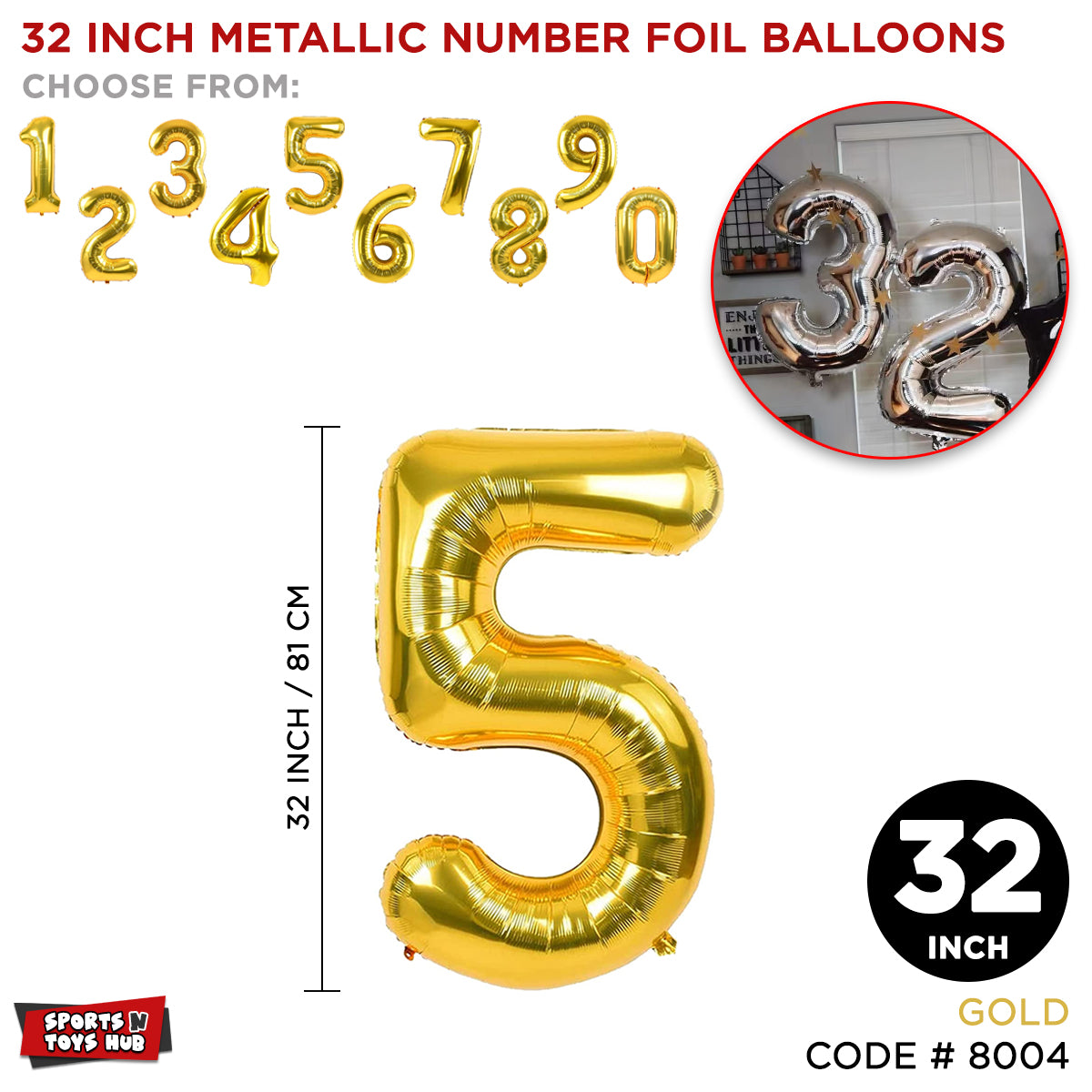 32 Inch Gold Number Foil Balloon