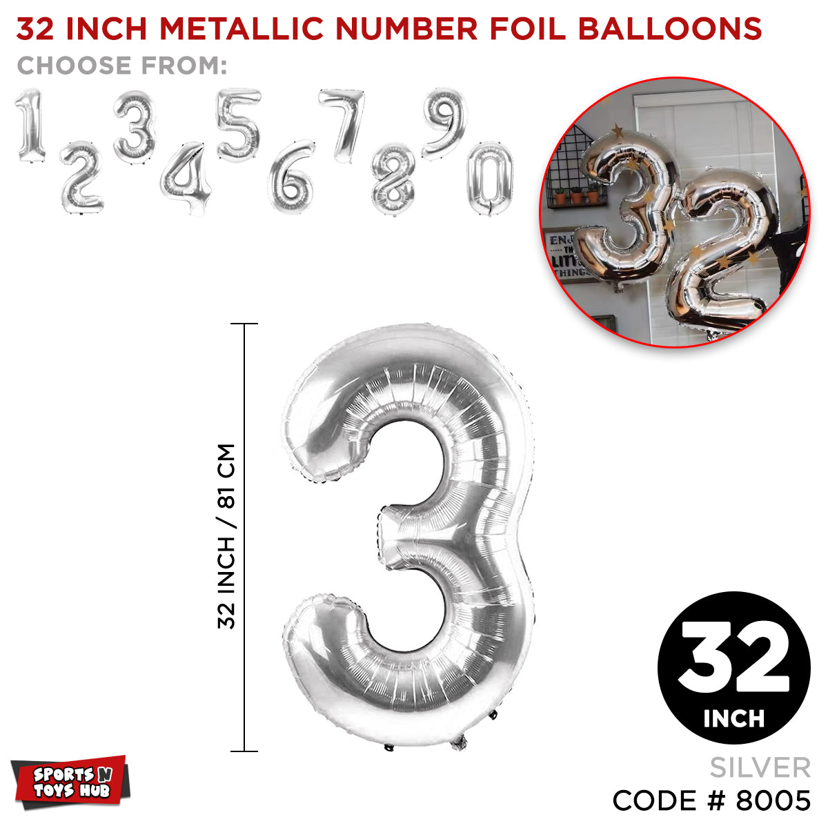 32 Inch Silver Number Foil Balloon