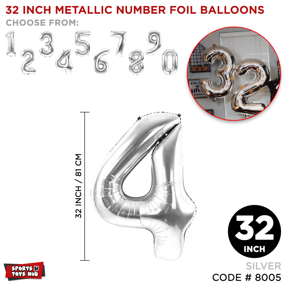 32 Inch Silver Number Foil Balloon