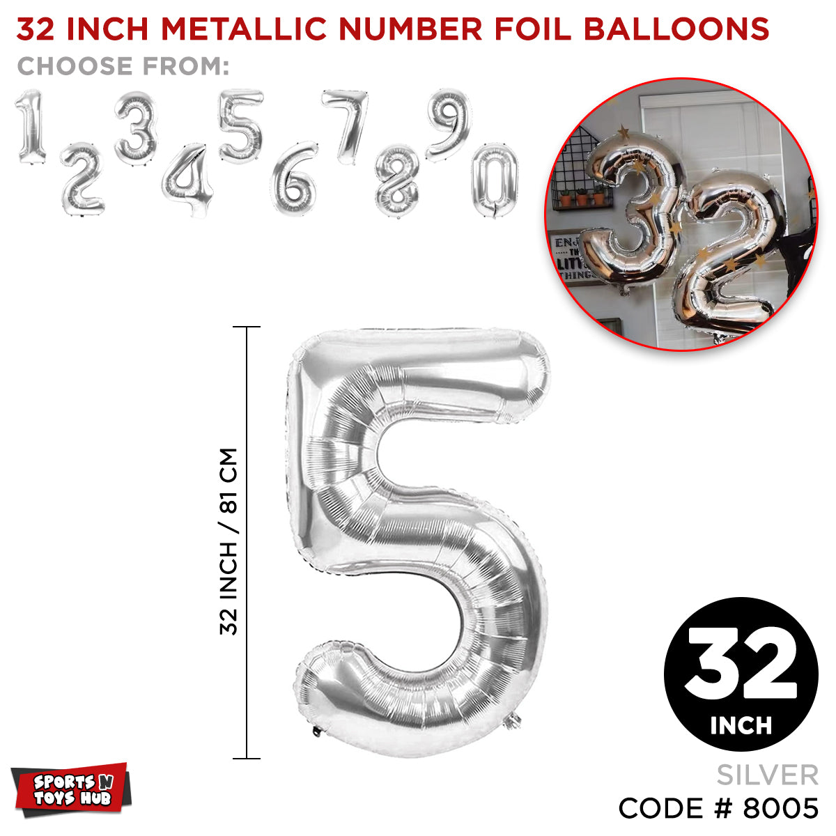 32 Inch Silver Number Foil Balloon