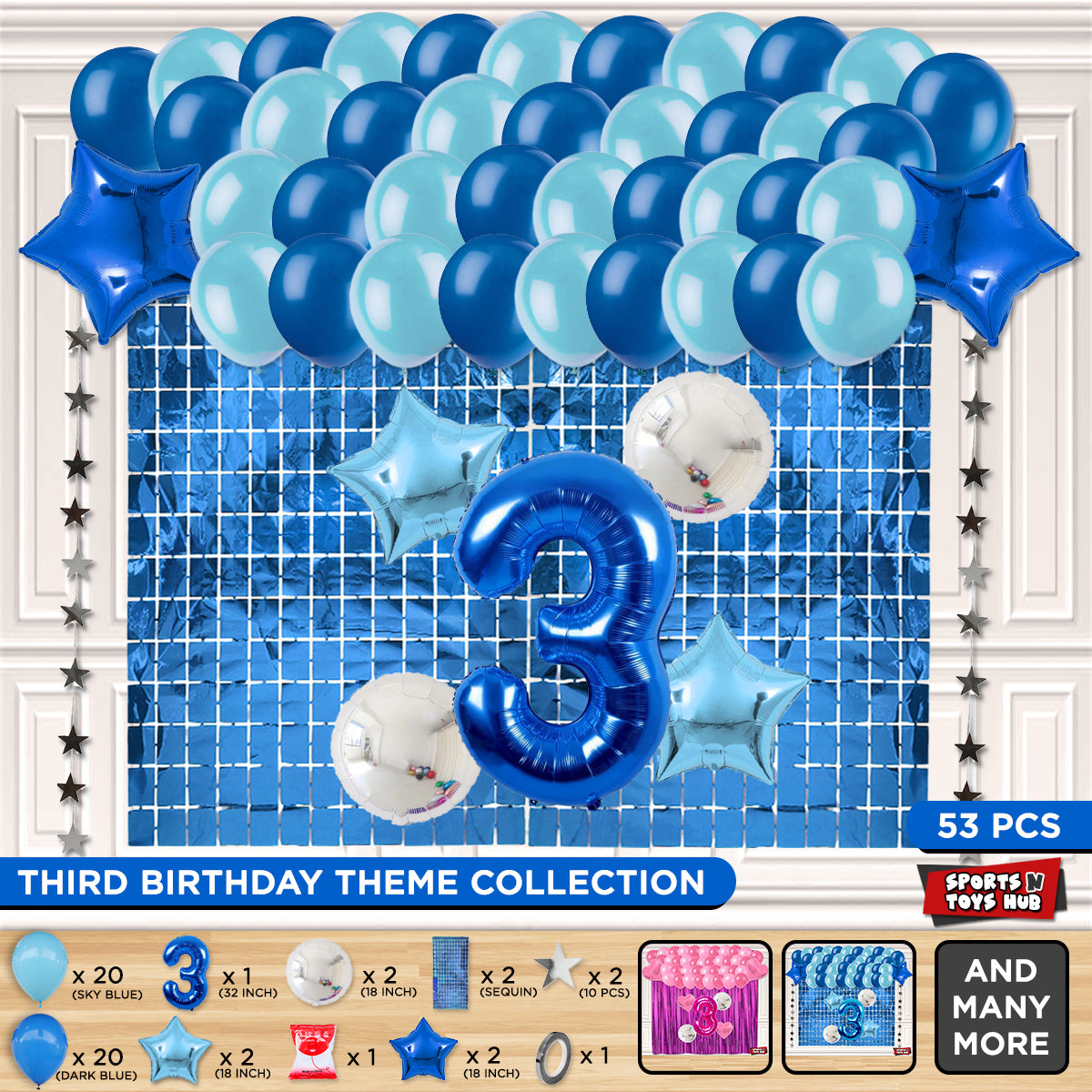 Third Birthday Foil Balloon Theme With Rectangle Curtain