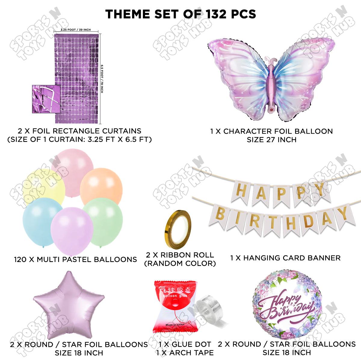 Butterfly Foil Balloon Set With Happy Birthday Card Banner Arch Theme - Pack Of 132