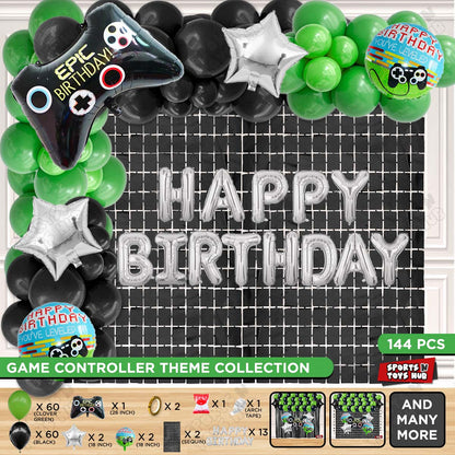 Game Controller Foil Balloon Set With Happy Birthday Foil Letter Arch Theme - Green & Black