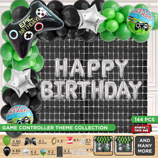 Game Controller Foil Balloon Set With Happy Birthday Foil Letter Arch Theme - Green & Black