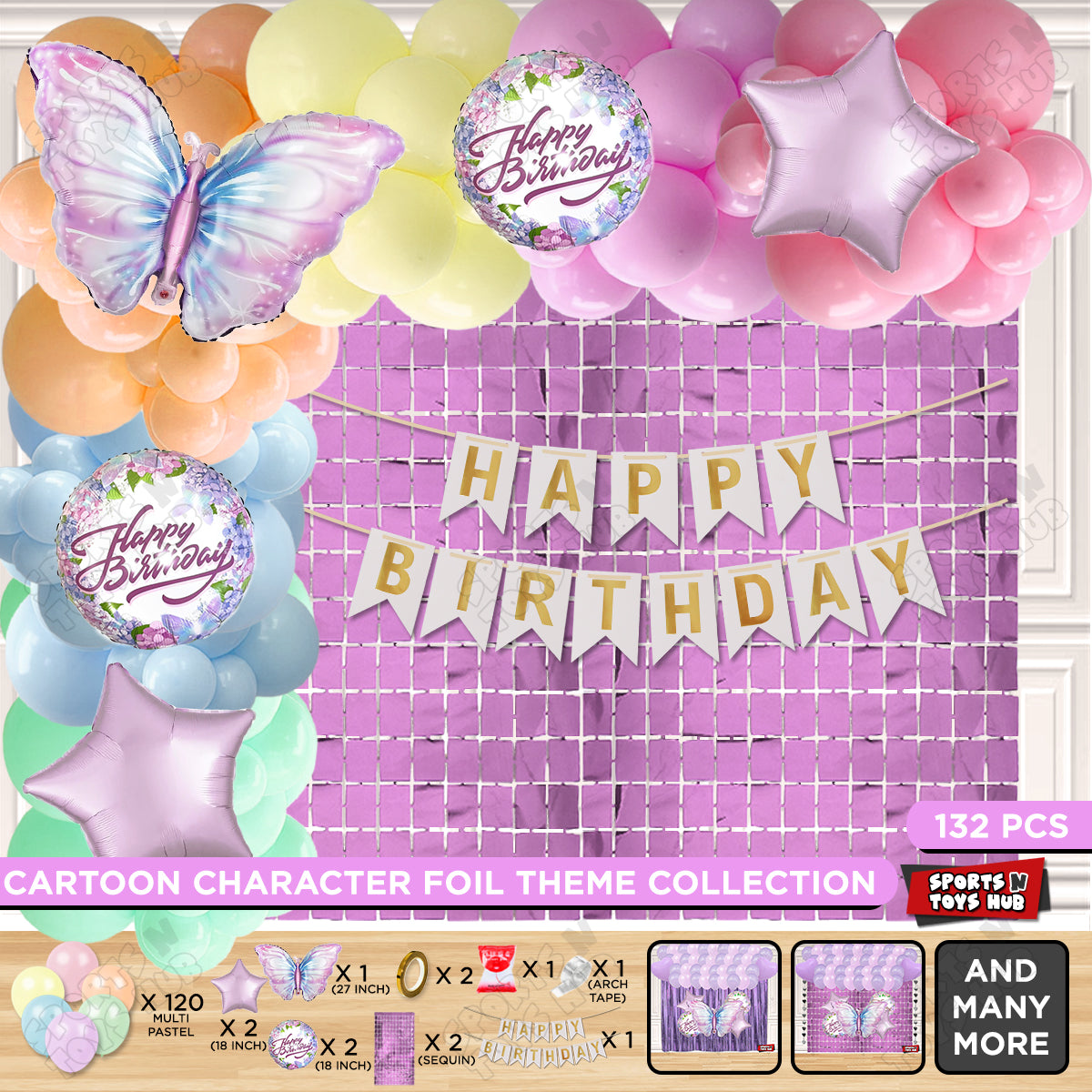 Butterfly Foil Balloon Set With Happy Birthday Card Banner Arch Theme - Pack Of 132
