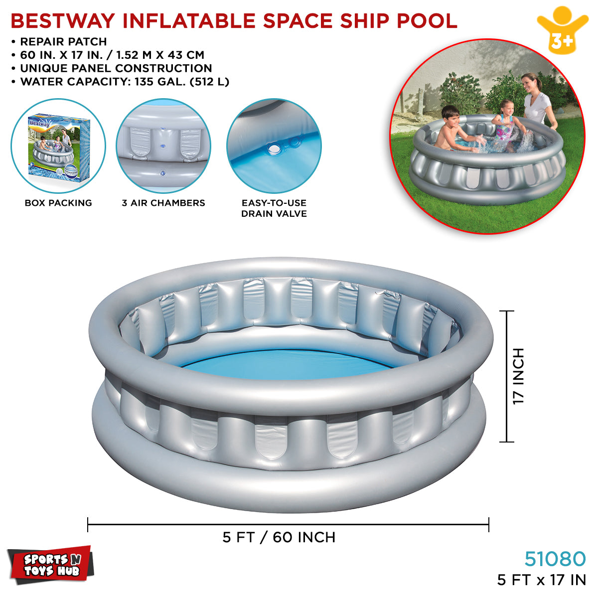 Bestway 5 Ft Inflatable Space Ship Swimming Pool For Kids - 51080