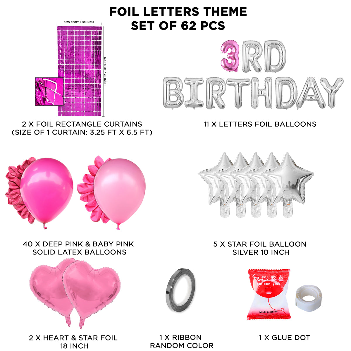3rD Birthday Foil Letter Theme With Rectangle Curtain
