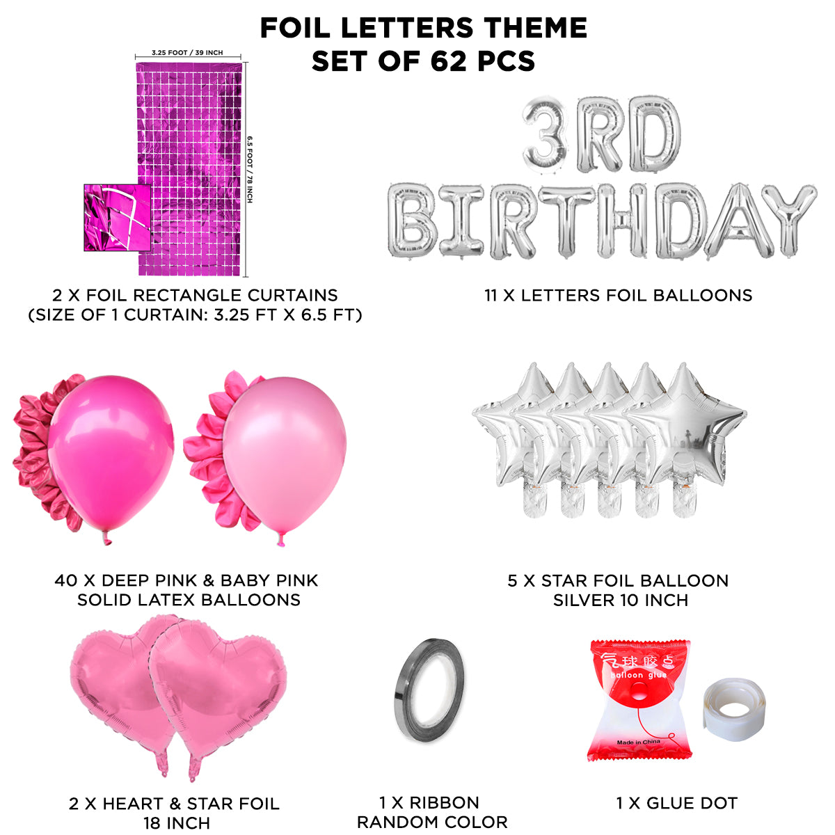 3rD Birthday Foil Letter Theme With Rectangle Curtain