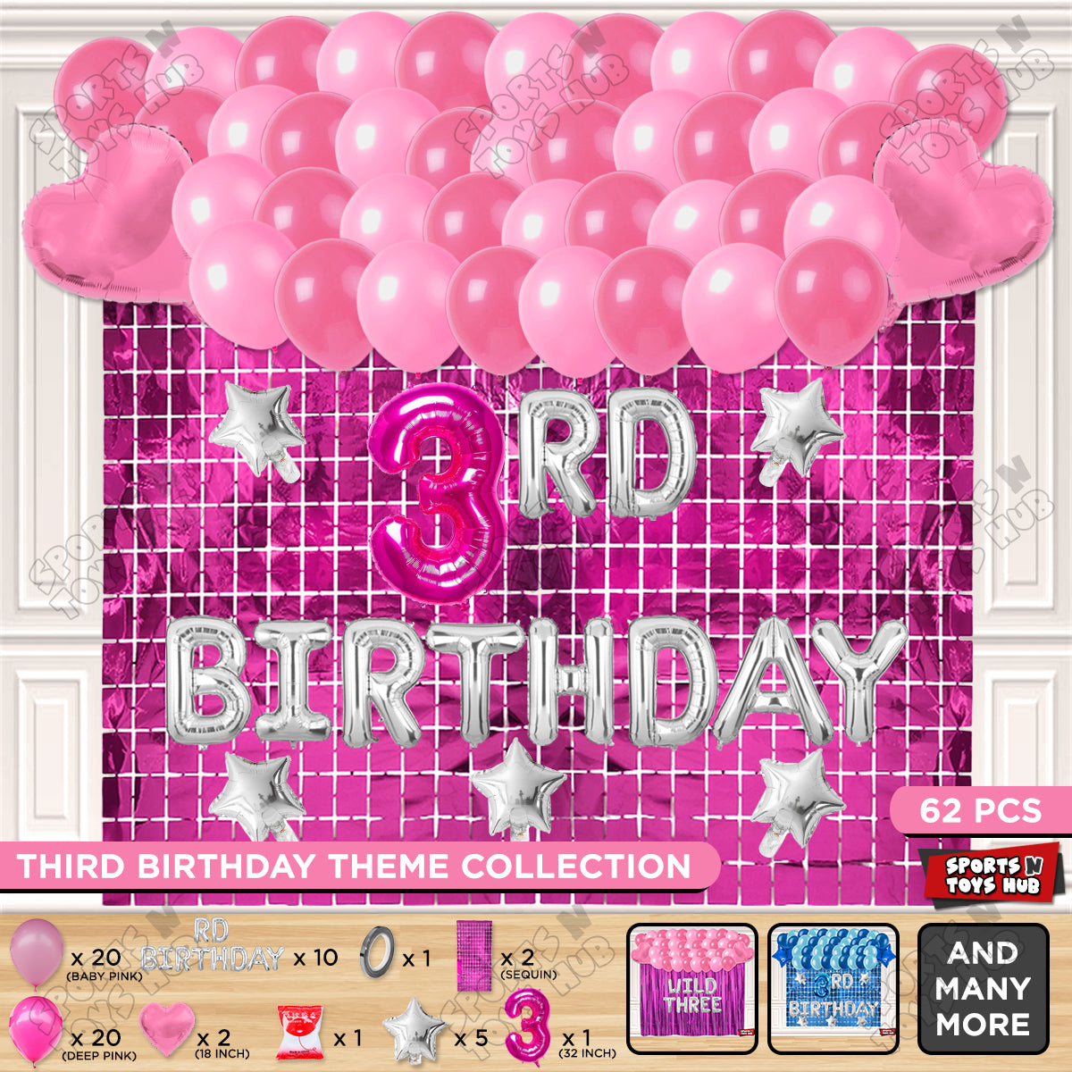 3RD Birthday Foil Letter Theme With Rectangle Curtain
