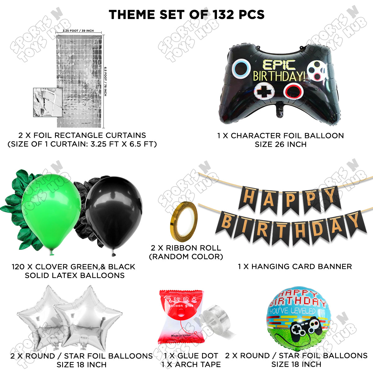 Game Controller Foil Balloon Set With HBD Card Banner Arch Theme - Green & Black