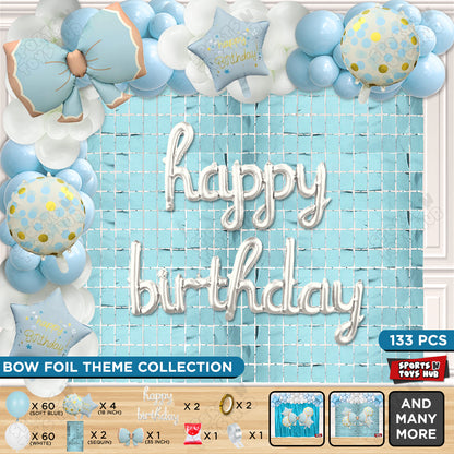 Matte Blue Color Bow Foil Balloon Set With Happy Birthday Cursive Foil Letter Arch Theme