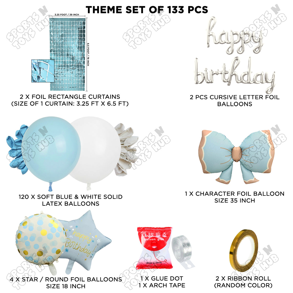 Matte Blue Color Bow Foil Balloon Set With Happy Birthday Cursive Foil Letter Arch Theme