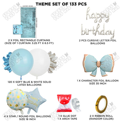 Matte Blue Color Bow Foil Balloon Set With Happy Birthday Cursive Foil Letter Arch Theme