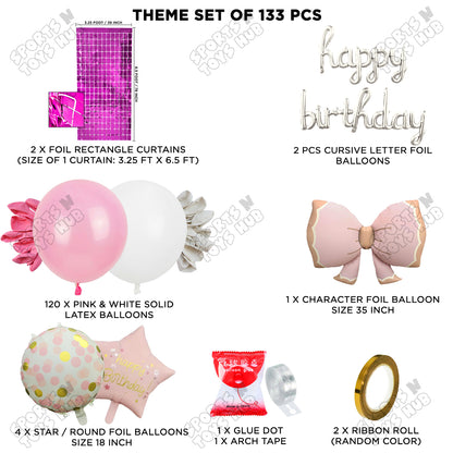 Matte Pink Color Bow Foil Balloon Set With Happy Birthday Cursive Foil Letter Arch Theme