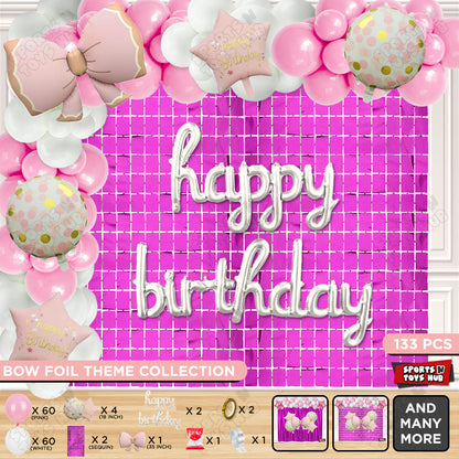 Matte Pink Color Bow Foil Balloon Set With Happy Birthday Cursive Foil Letter Arch Theme