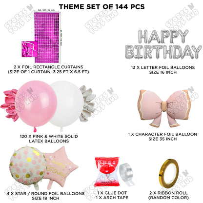 Matte Pink Color Bow Foil Balloon Set With Happy Birthday Foil Letter Arch Theme