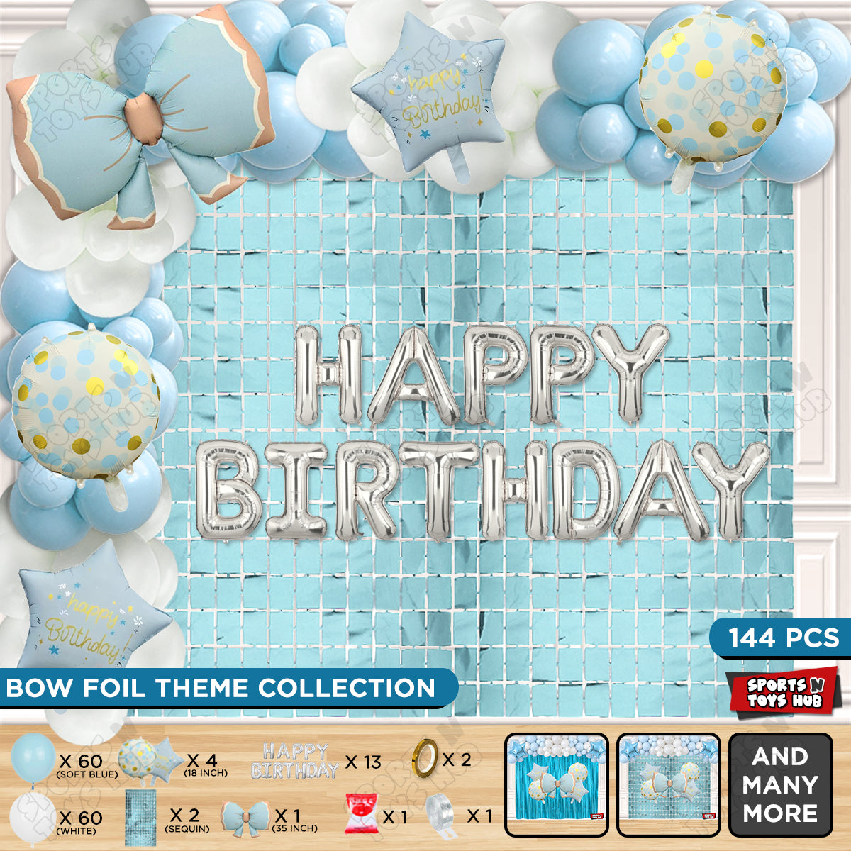 Matte Blue Color Bow Foil Balloon Set With Happy Birthday Foil Letter Arch Theme