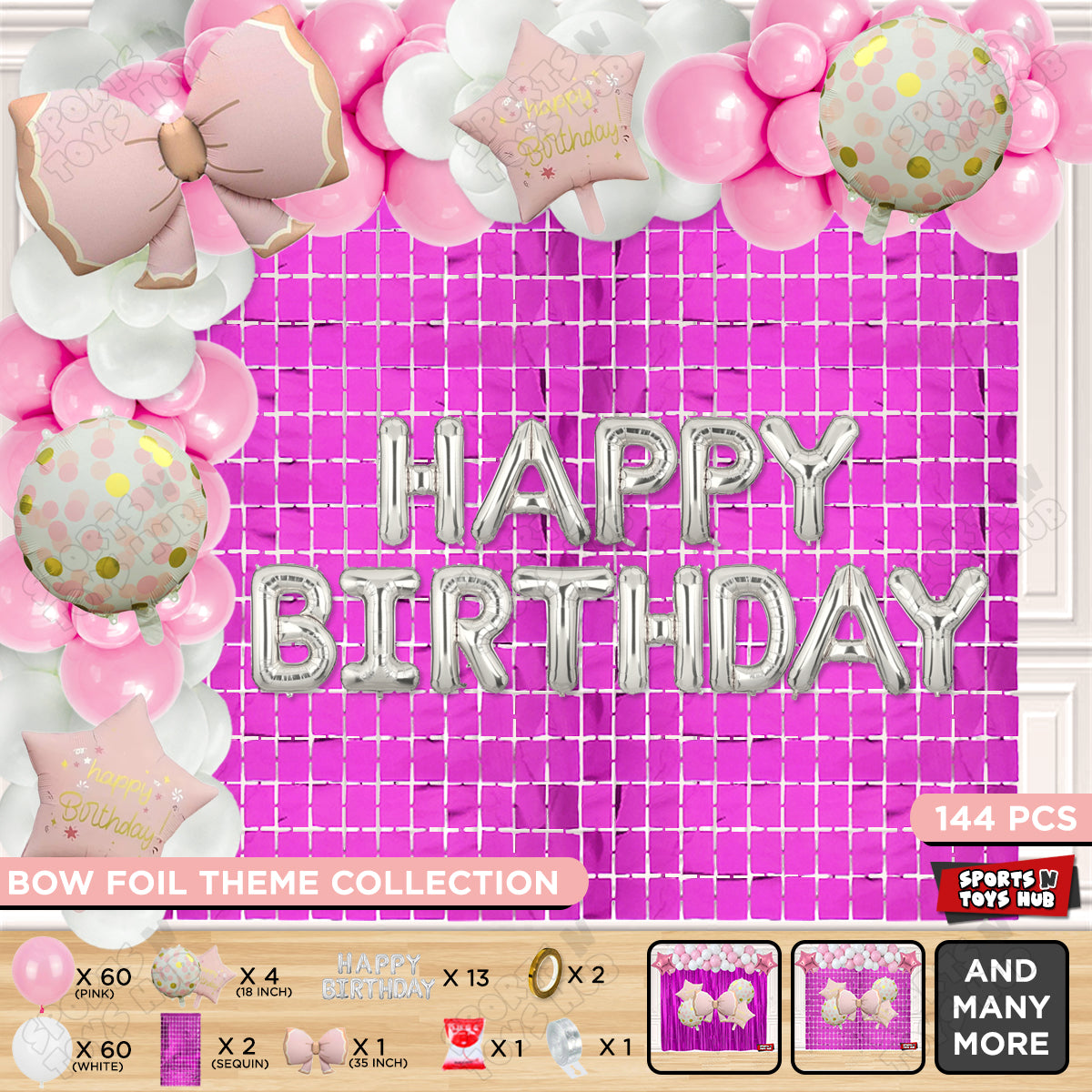 Matte Pink Color Bow Foil Balloon Set With Happy Birthday Foil Letter Arch Theme