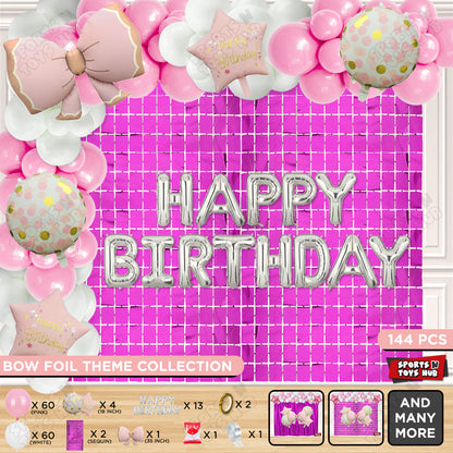Matte Pink Color Bow Foil Balloon Set With Happy Birthday Foil Letter Arch Theme