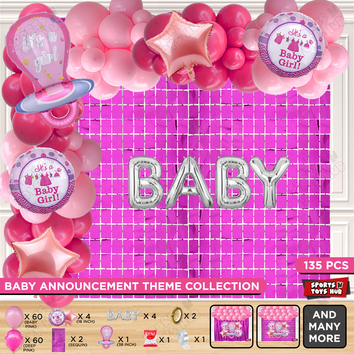 Pacifier Foil Balloon Set With Baby Foil Letter Arch Baby Pink & Dark Pink Color Latex Theme - Pack Of 135