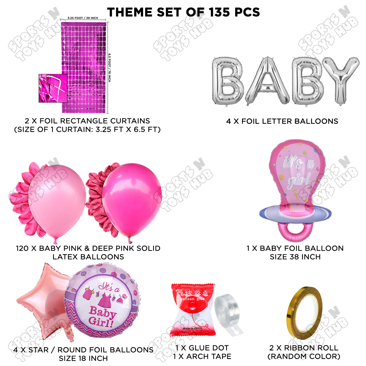 Pacifier Foil Balloon Set With Baby Foil Letter Arch Baby Pink & Dark Pink Color Latex Theme - Pack Of 135