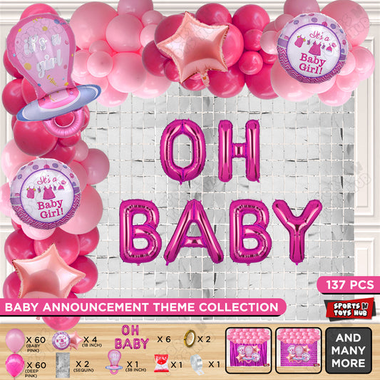 Pacifier Foil Balloon Set With Oh Baby Foil Letter Deep Pink & Baby Pink Latex Balloon Arch Theme - Pack Of 137