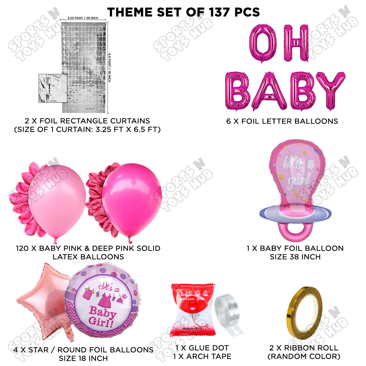 Pacifier Foil Balloon Set With Oh Baby Foil Letter Deep Pink & Baby Pink Latex Balloon Arch Theme - Pack Of 137