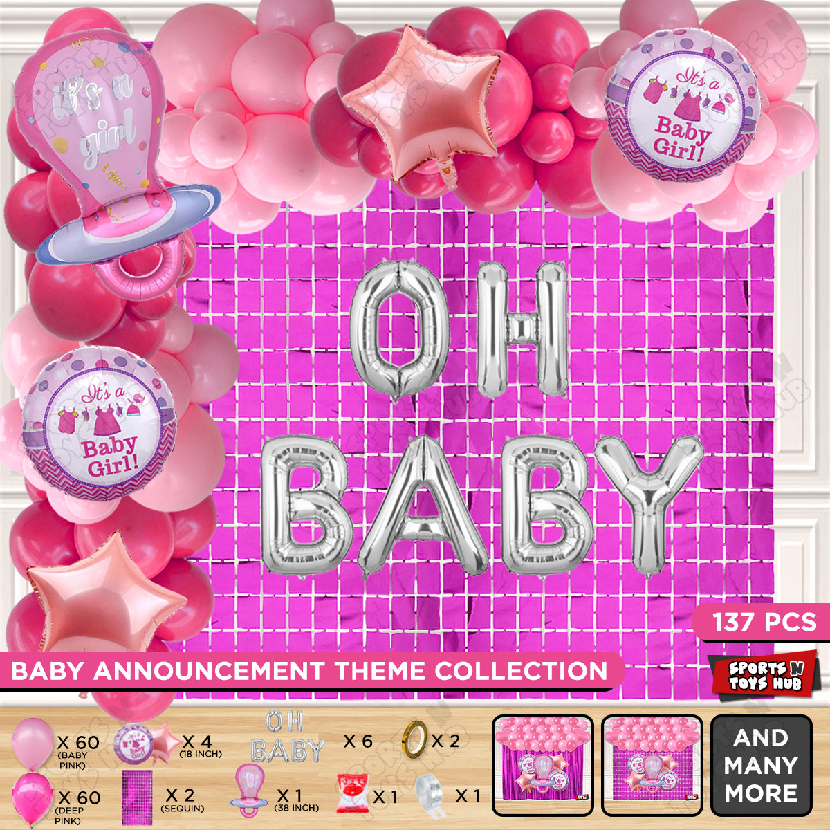 Pacifier Foil Balloon Set With Oh Baby Foil Letter Deep Pink & Baby Pink Latex Balloon Arch Theme - Pack Of 137