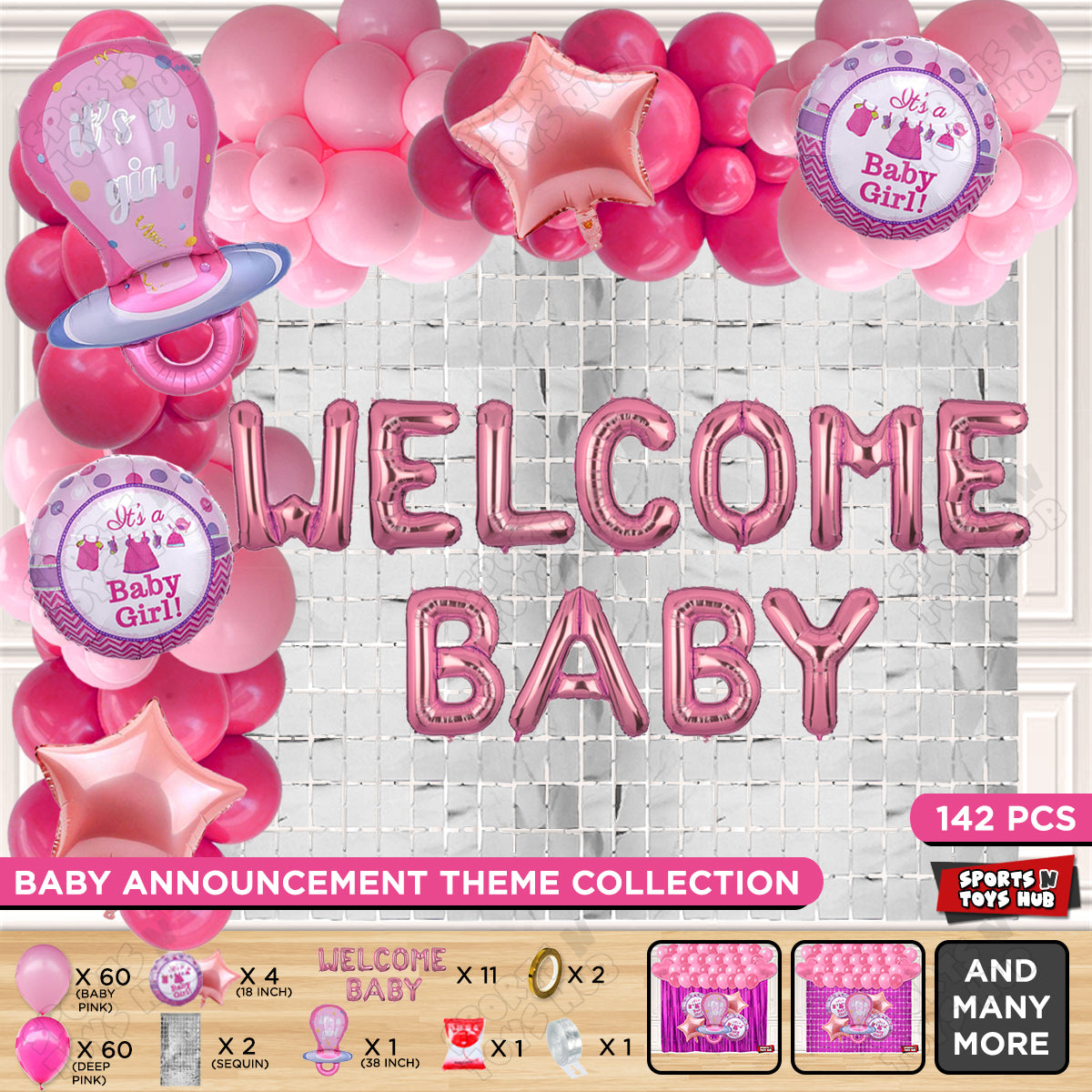 Pacifier Foil Balloon Set With Welcome Baby Foil Letter Deep Pink & Baby Pink Color Balloon Arch Theme - Pack Of 142