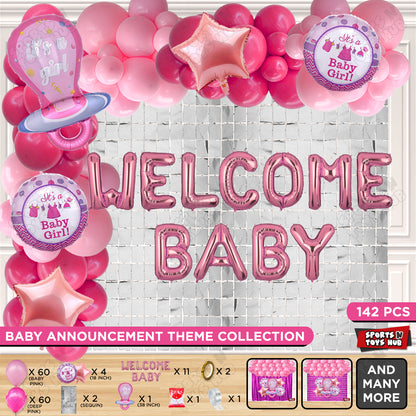 Pacifier Foil Balloon Set With Welcome Baby Foil Letter Deep Pink & Baby Pink Color Balloon Arch Theme - Pack Of 142