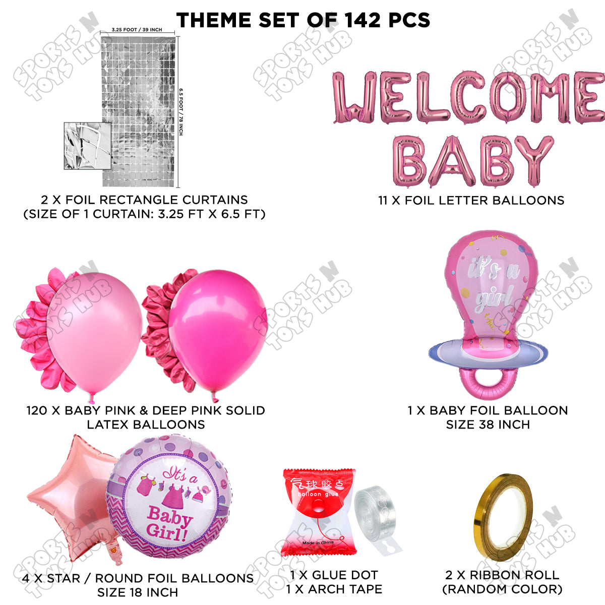 Pacifier Foil Balloon Set With Welcome Baby Foil Letter Deep Pink & Baby Pink Color Balloon Arch Theme - Pack Of 142