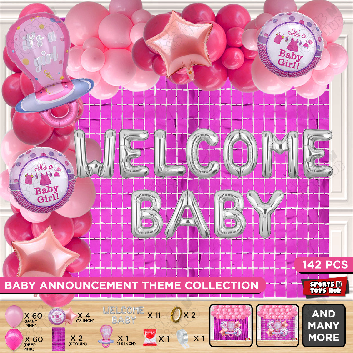 Pacifier Foil Balloon Set With Welcome Baby Foil Letter Deep Pink & Baby Pink Color Balloon Arch Theme - Pack Of 142
