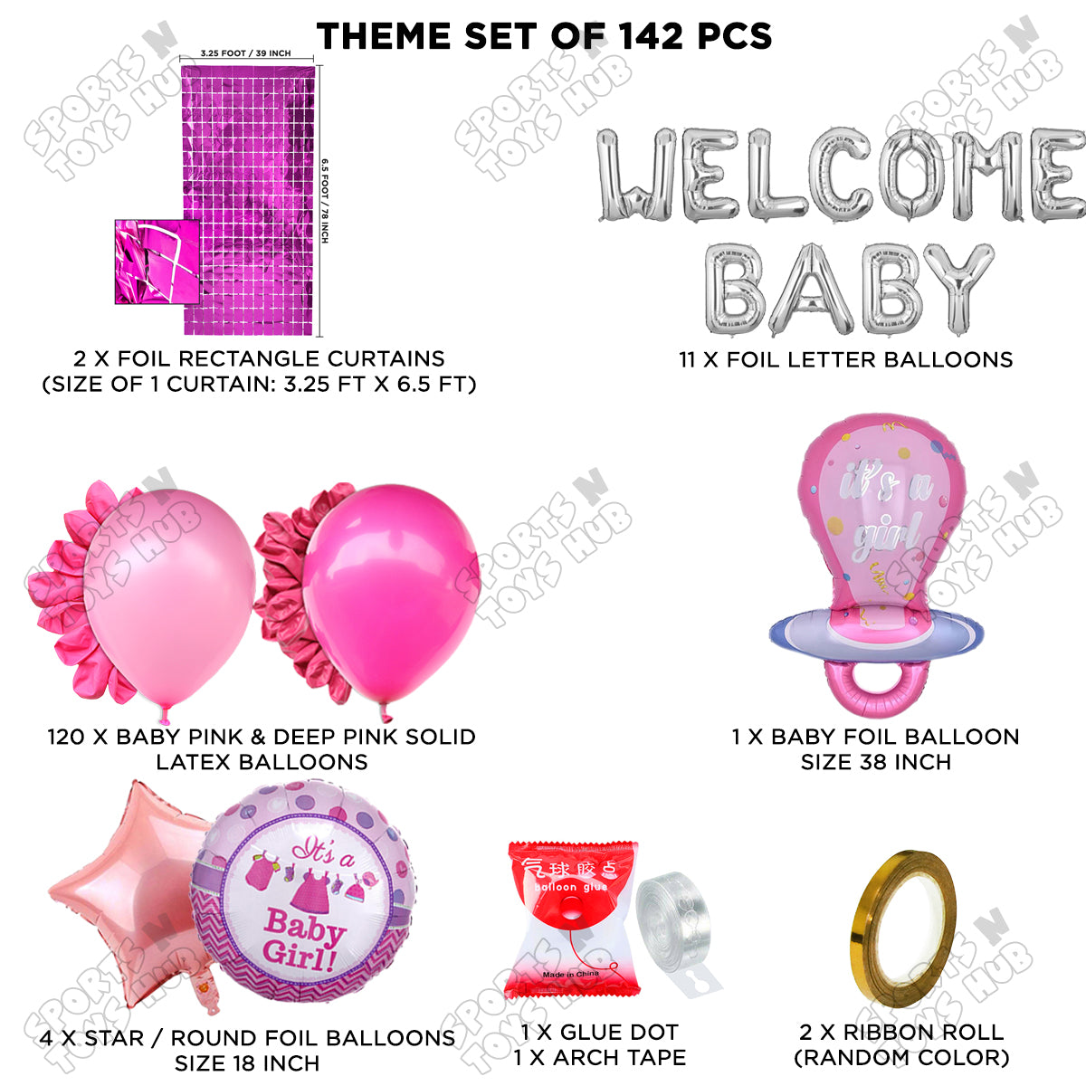 Pacifier Foil Balloon Set With Welcome Baby Foil Letter Deep Pink & Baby Pink Color Balloon Arch Theme - Pack Of 142