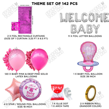 Pacifier Foil Balloon Set With Welcome Baby Foil Letter Deep Pink & Baby Pink Color Balloon Arch Theme - Pack Of 142
