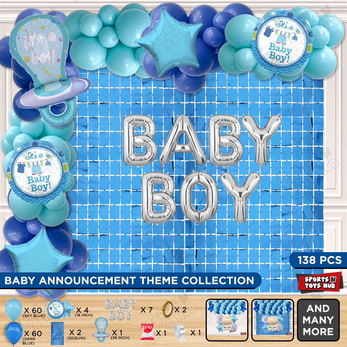 Pacifier Foil Balloon Set With Baby Boy Silver Foil Letter Arch Theme - Pack Of 138