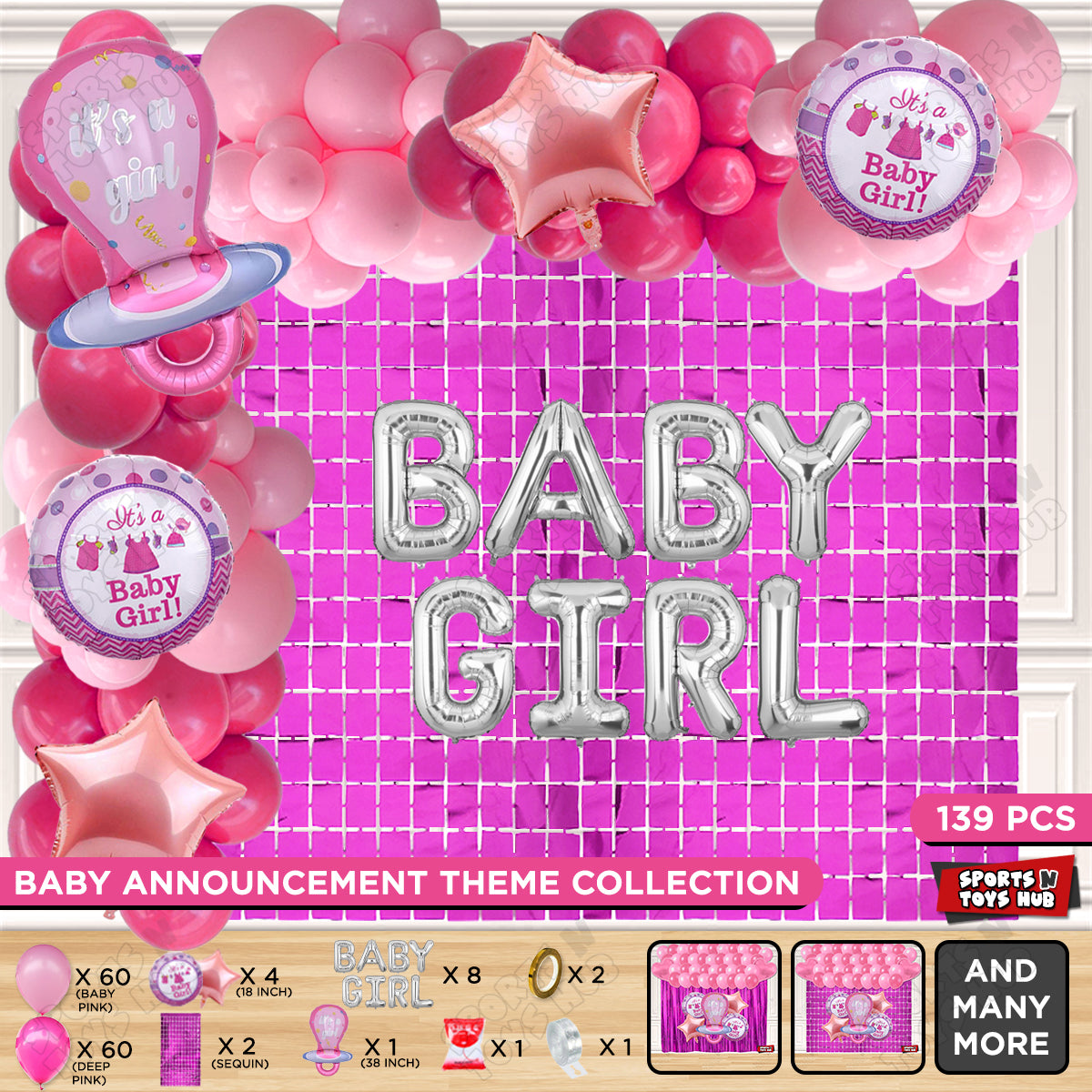 Pacifier Foil Balloon Set With Baby Girl Silver Foil Letter Arch Theme - Pack Of 138