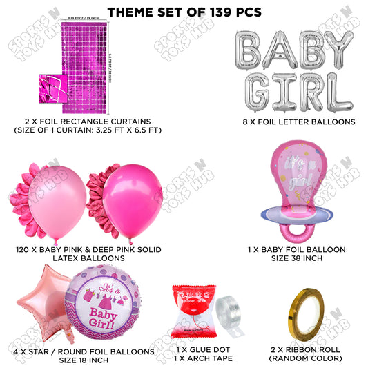 Pacifier Foil Balloon Set With Baby Girl Silver Foil Letter Arch Theme - Pack Of 138
