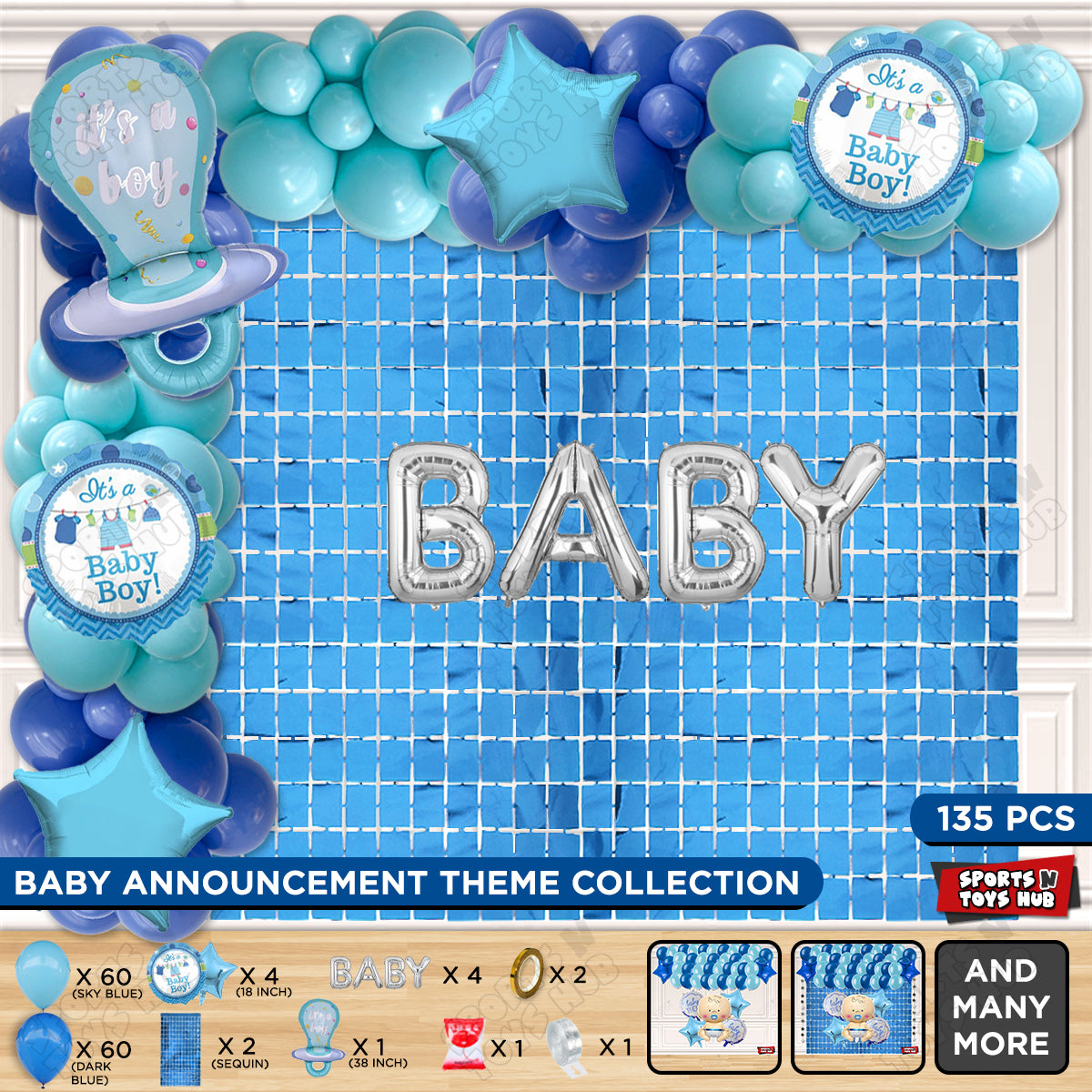 Pacifier Foil Balloon Set With Baby Foil Letter Arch Dark Blue & Sky Blue Color Latex Theme - Pack Of 135