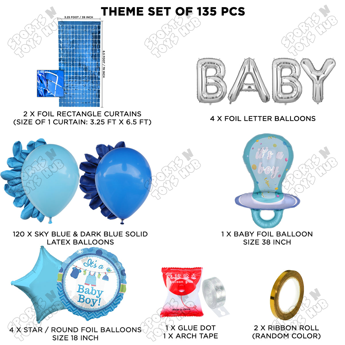 Pacifier Foil Balloon Set With Baby Foil Letter Arch Dark Blue & Sky Blue Color Latex Theme - Pack Of 135