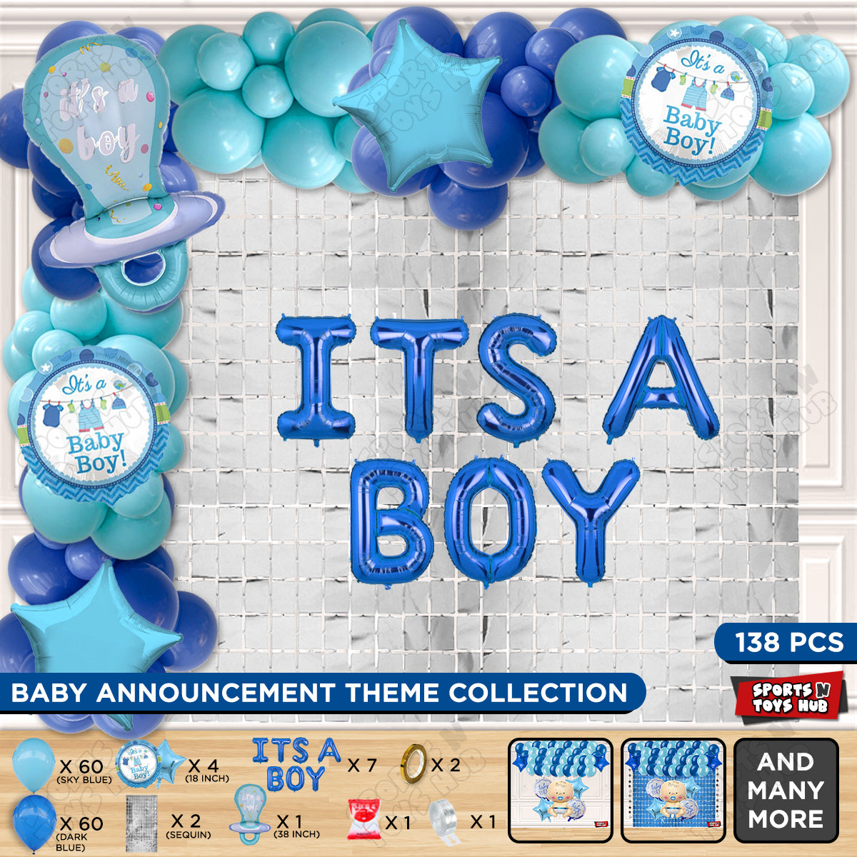 Pacifier Foil Balloon Set With Its A Boy Blue Color Foil Letter Arch Theme - Pack Of 138