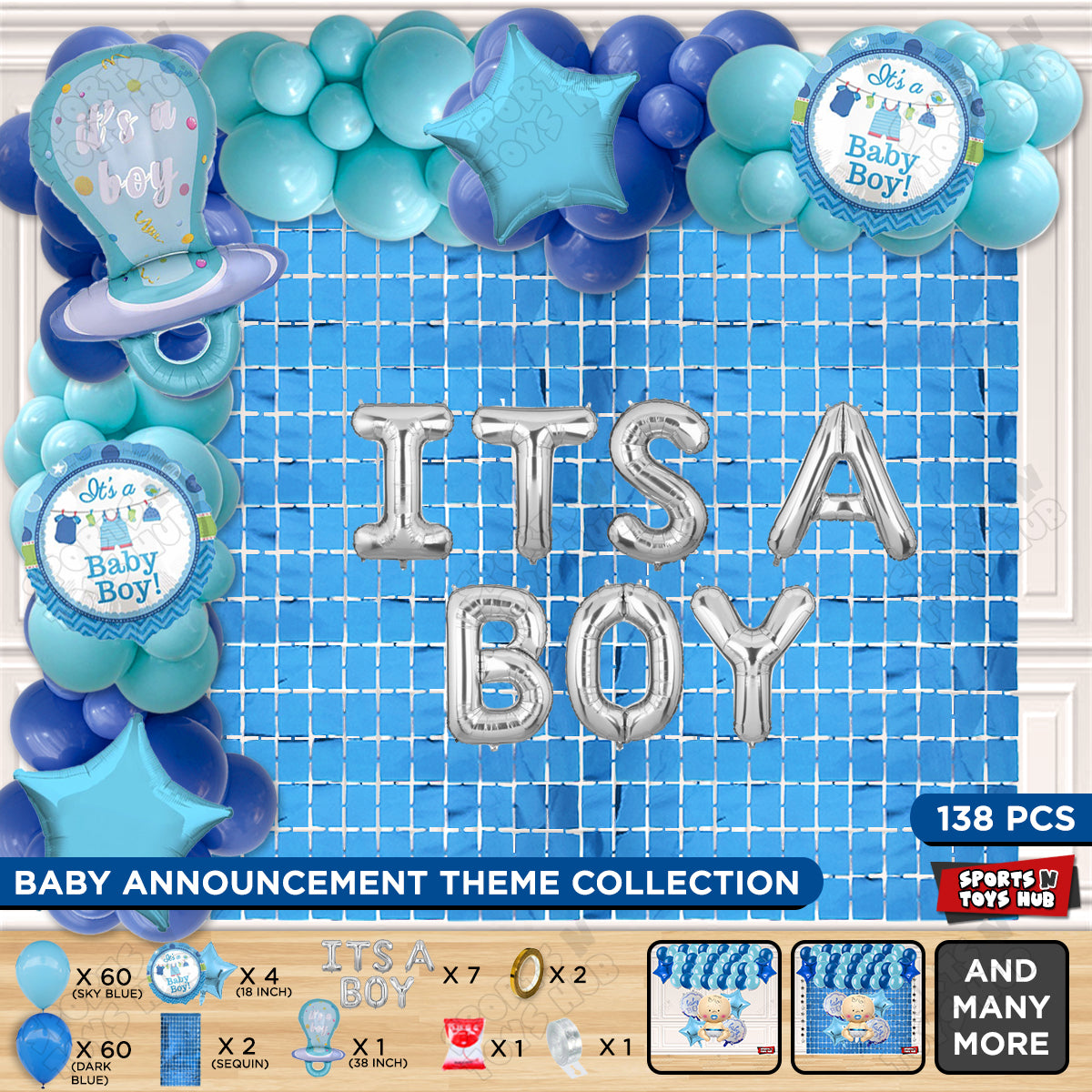 Pacifier Foil Balloon Set With Its A Boy Blue Color Foil Letter Arch Theme - Pack Of 138