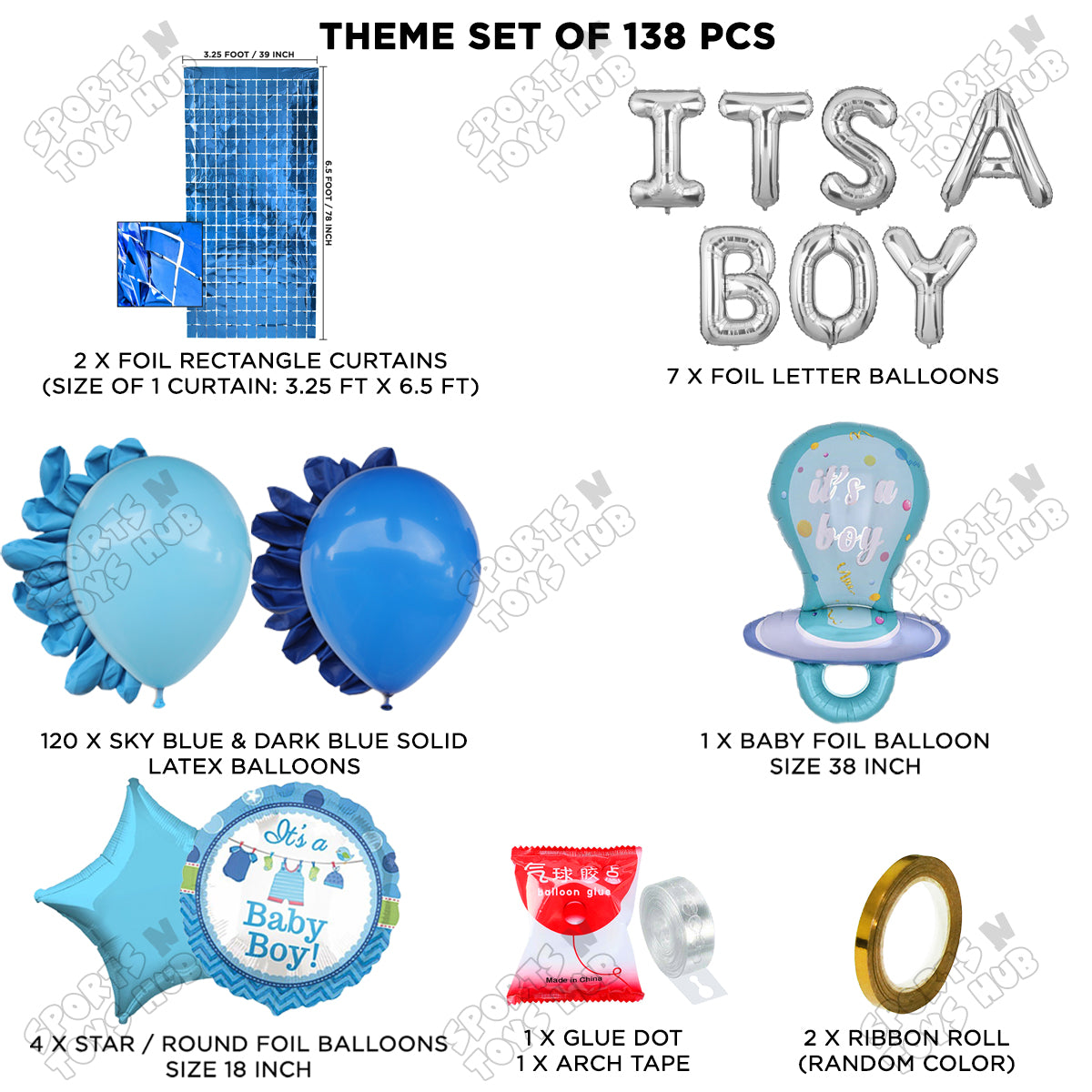 Pacifier Foil Balloon Set With Its A Boy Blue Color Foil Letter Arch Theme - Pack Of 138