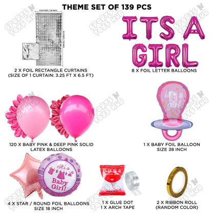 Pacifier Foil Balloon Set With Its A Girl Foil Letter Arch Baby Pink & Deep Pink Theme - Pack Of 139