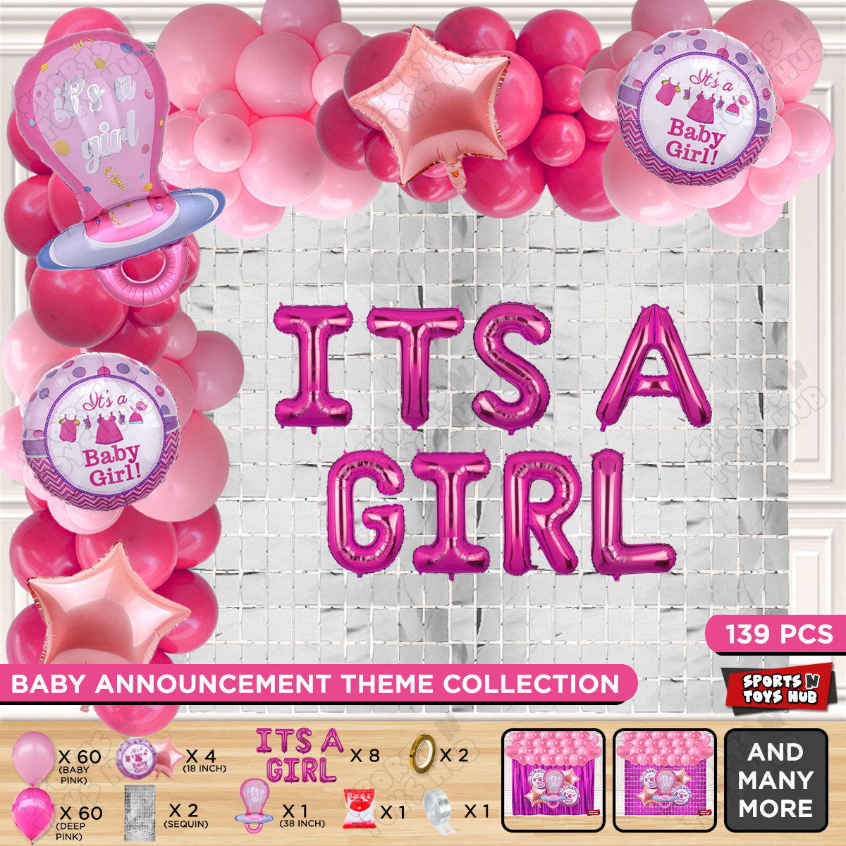 Pacifier Foil Balloon Set With Its A Girl Foil Letter Arch Baby Pink & Deep Pink Theme - Pack Of 139