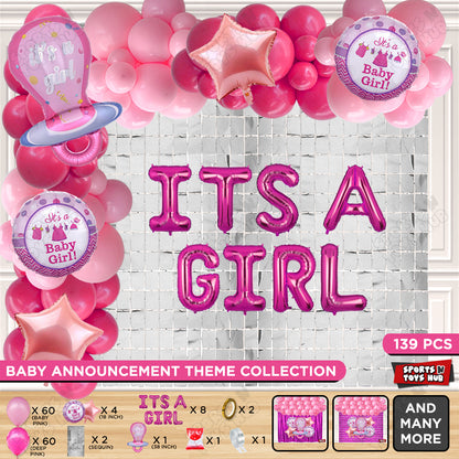 Pacifier Foil Balloon Set With Its A Girl Foil Letter Arch Baby Pink & Deep Pink Theme - Pack Of 139