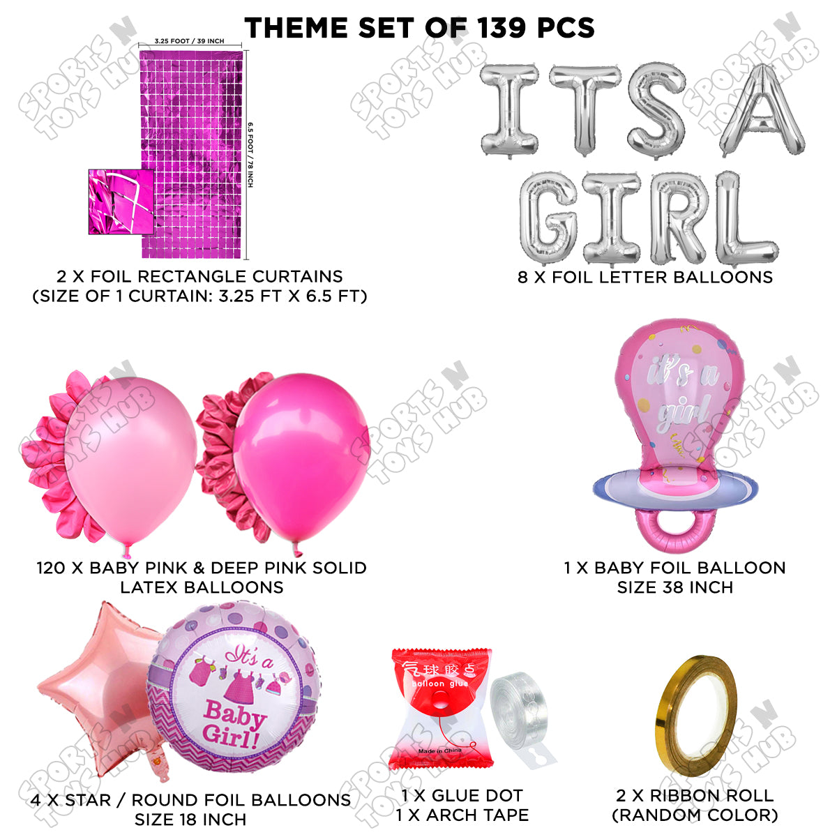 Pacifier Foil Balloon Set With Its A Girl Foil Letter Arch Baby Pink & Deep Pink Theme - Pack Of 139