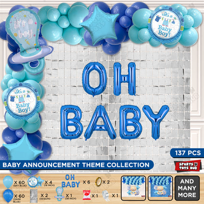 Pacifier Foil Balloon Set With Oh Baby Color Foil Letter Dark Blue & Sky Blue Latex Balloon Arch Theme - Pack Of 137